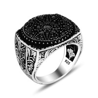 925 Silver Patterned Onyx Stone Ring For Men