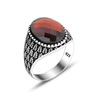 925 Silver Patterned Red Stone Ring For Men