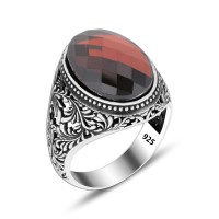 925 Silver Red Stone Patterned Ring For Men