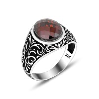 925 Sİlver Red Zircon Stone Round Ring For Men