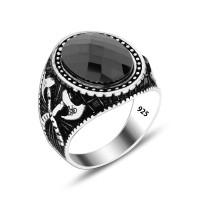 925 Silver Black Stone Dual Axe Pattern Ring For Men