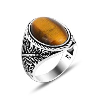 925 Silver Tiger Eye Leaf Pattern Ring For Men