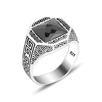 925 Silver Black Square  Pattern Ring For Men
