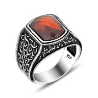 925 Silver Square Red Stone Ring For Men