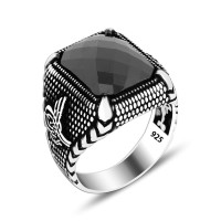 925 Silver Black Zircon Stone Ottoman Tugra Ring  For Men