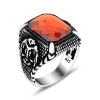 925 Silver Square Red Zircon Stone Pattern  Ring For Men
