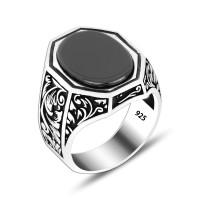 925 Silver Black Onyx Stone Pattern Ring For Men