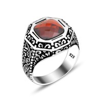 925 Silver Red Square Zircon Stone Ring For Men