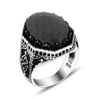 925 Silver Black Zircon Pattern Ring For Men