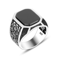 925 Silver Black Zircon Stone Square  Pattern Ring For Men 