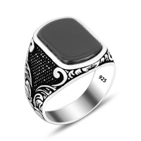 925 Silver Black Square Pattern Ring For Men