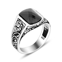 925 Silver Black Square Pattern Ring For Men