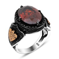925 Red Stone Shield Pattern Ottoman Ring For Men
