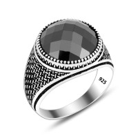 925 Silver Black Zircon Stone Round Ring For Men