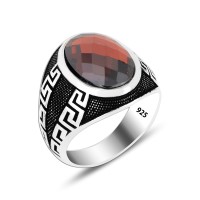 925 Silver Red Zircon Stone Pattern Ring For Men