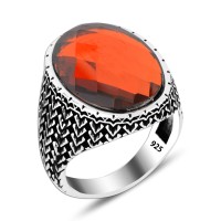 925 Silver Red  Stone Ring For Men