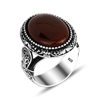 925 Silver Red Carnelian  Stone Ring For Men