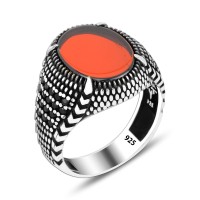 925 Silver Red Carnelian Stone Ring For Men