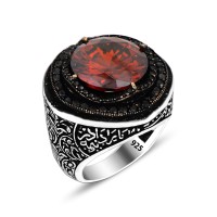 925 Silver Red Zircon Stone Ring For Men