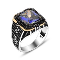 925 Silver Blue Zircon Stone Ring For Men