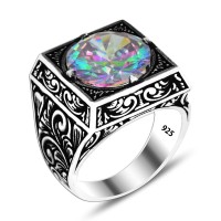 925 Silver Mystic Topaz Stone Ring For Men