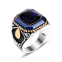 925 Silver Navy Blue Zircon Stone Ring For Men