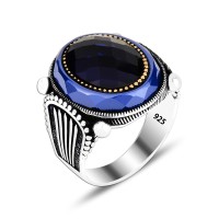 925 Silver Navy Blue Ottoman Pattern Man Ring
