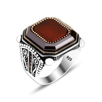 925 Silver Carnelian Pattern Ottoman Man Rings