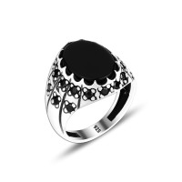 925 Silver Black Onyx Stone Pattern  Ottoman Men Ring