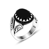 925 Silver Black Onyx Stone Pattern Man Ring