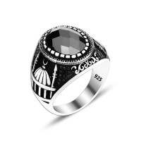 925 Silver Black Zirkon Mosque Stone Pattern Man Ring