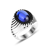 925 Silver Blue Zirkon Pattern Man Ring