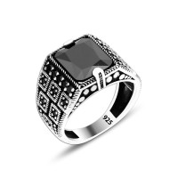 925 Silver Black Zirkon Pattern Ottoman Men Ring