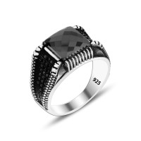 925 Silver Black Zirkon Stone Pattern Ottoman Man Ring