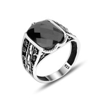 925 Silver Black Zirkon Pattern Ottoman Man Ring