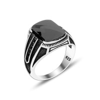 925 Silver Black Zirkon Stone Pattern Ottoman Man Ring