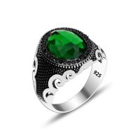 925 Silver  Green Zirkon Pattern Ottoman Men Ring