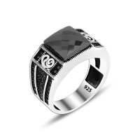 925 Silver Black Zirkon Pattern Ottoman Men Ring