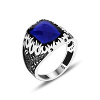 925 Silver Blue Zirkon Pattern Ottoman Men Ring