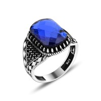 925 Silver Blue Zirkon Pattern Ottoman Men Ring