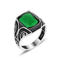 925 Silver Green Zirkon Pattern Ottoman Men Ring