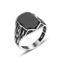 925 Silver Black Onyx Pattern Ottoman Men Ring