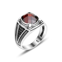 925 Silver Red Zirkon Pattern Ottoman Men Ring