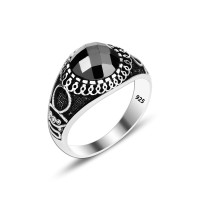 925 Silver Black Zirkon Pattern Ottoman Man Ring