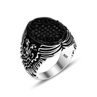 925 Silver Black Stone Pattern Ottoman Men Ring