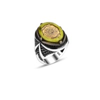 925 Silver Green Amber Stone Islamic Ring For Men 