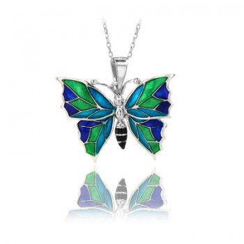 14K Rose Gold Blue Green Butterfly Necklace