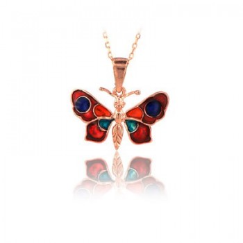 14K Rose Gold Blue Green Butterfly Necklace