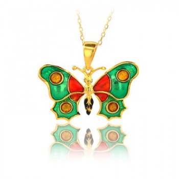 14K Rose Gold Red Green Butterfly Necklace