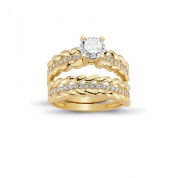 14K Solid Gold Solitaire With Band Engagement Wedding Ring Set